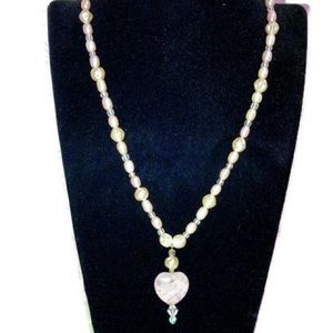 Pearl Bead & Carved Rose Quartz Pendant Necklace